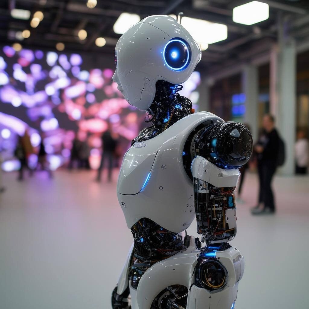 Robot regardant l'avenir dans un sowroom industrielle